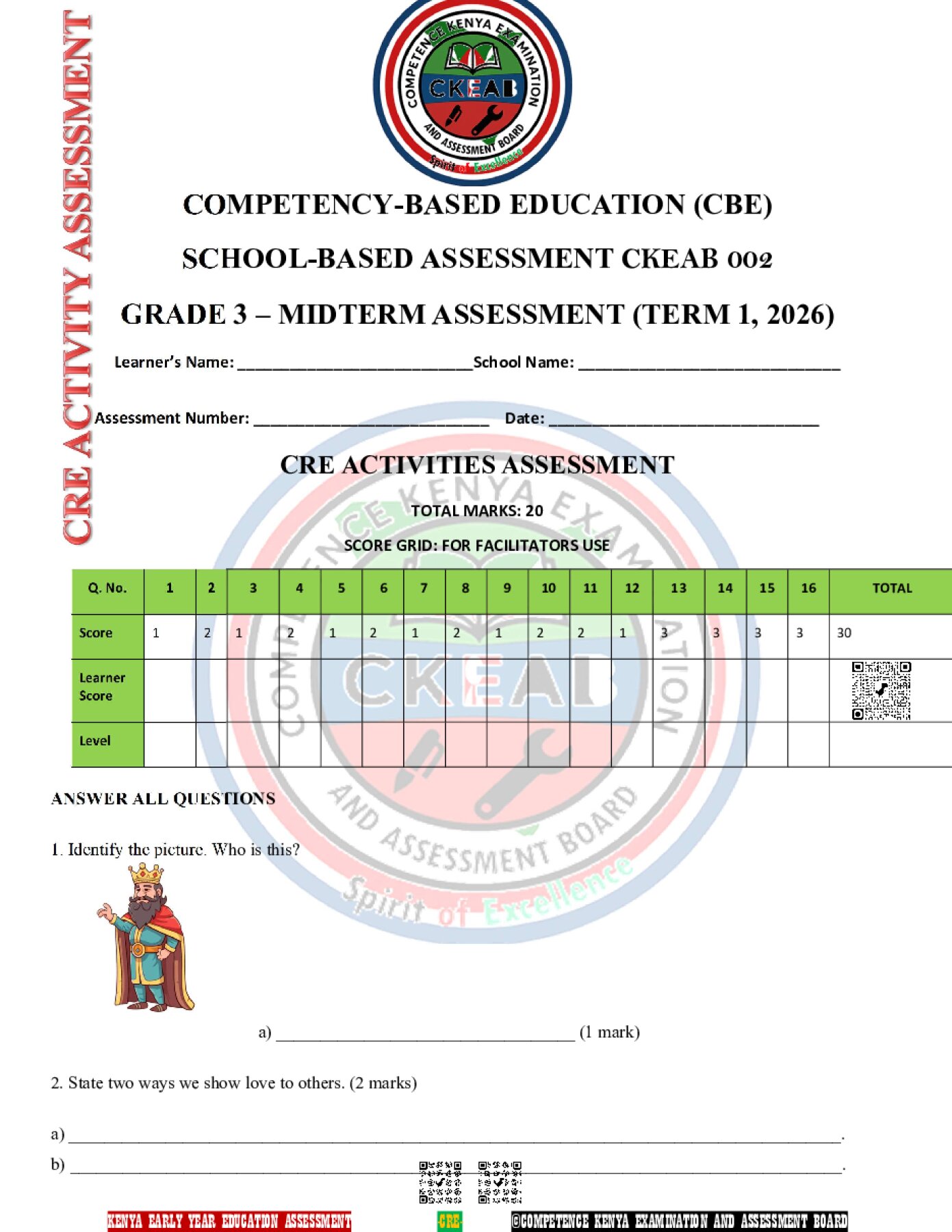 Thumbnail preview of GRADE 3 2026 Examinations Grade 3 2026 Exam CRE 012