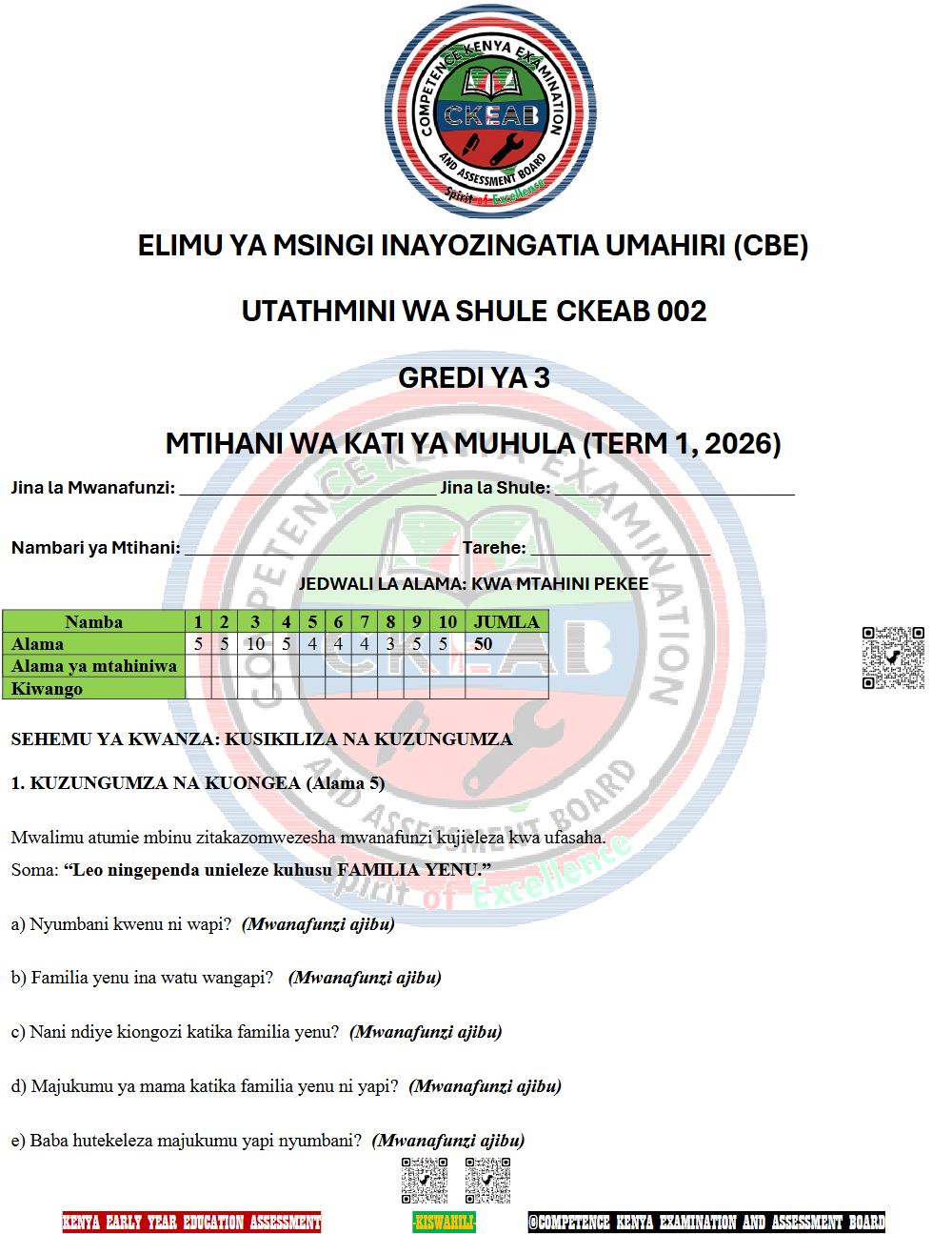 Thumbnail preview of GRADE 3 2026 Examinations Grade 3 2026 Exam Kiswahili 012