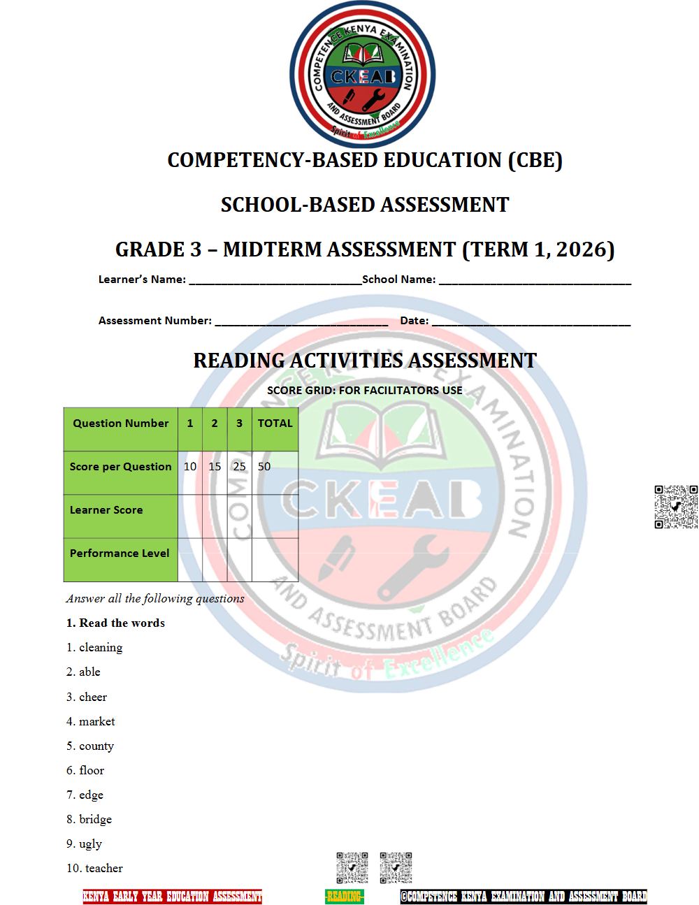 Thumbnail preview of GRADE 3 2026 Examinations Grade 3 Reading 012