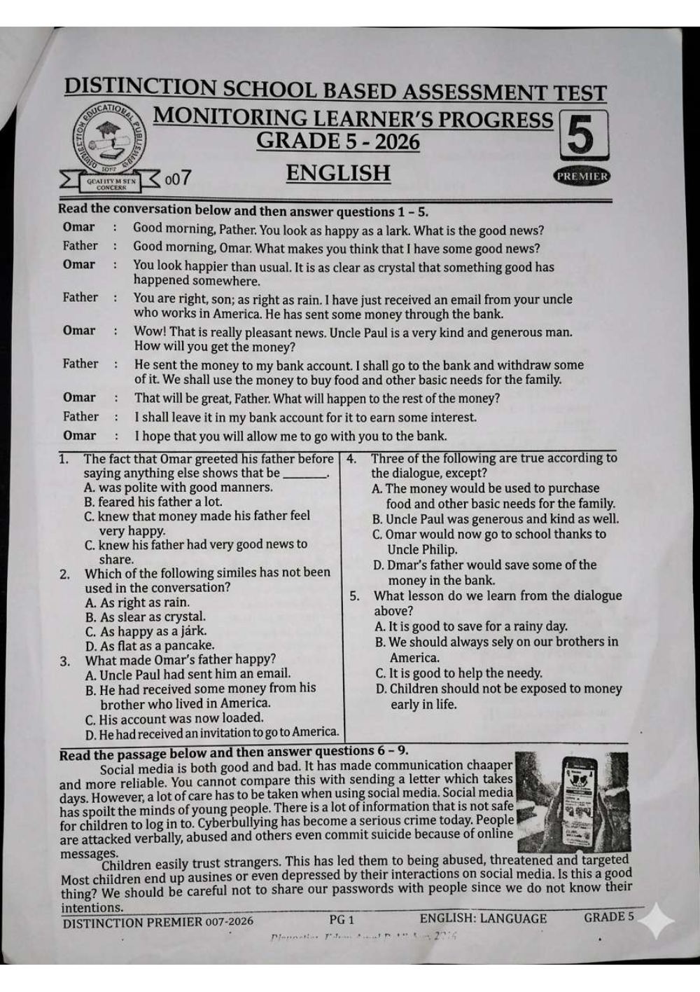 Thumbnail preview of Grade 5 Mid Term 3 2026 Assessment 4 English