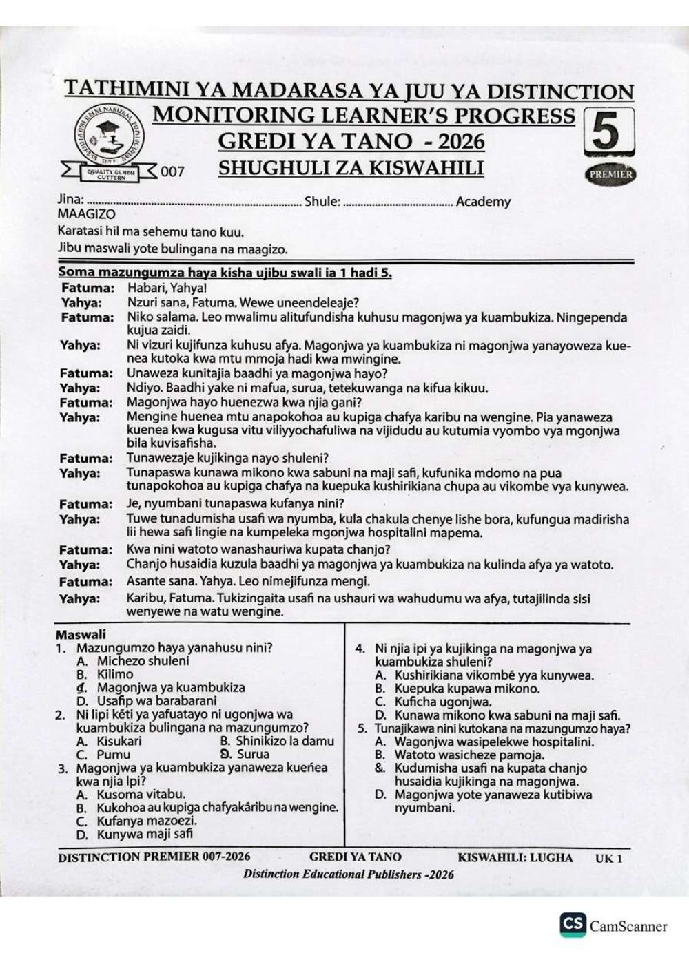 Thumbnail preview of Grade 5 Mid Term 3 2026 Assessment 4 Kiswahili