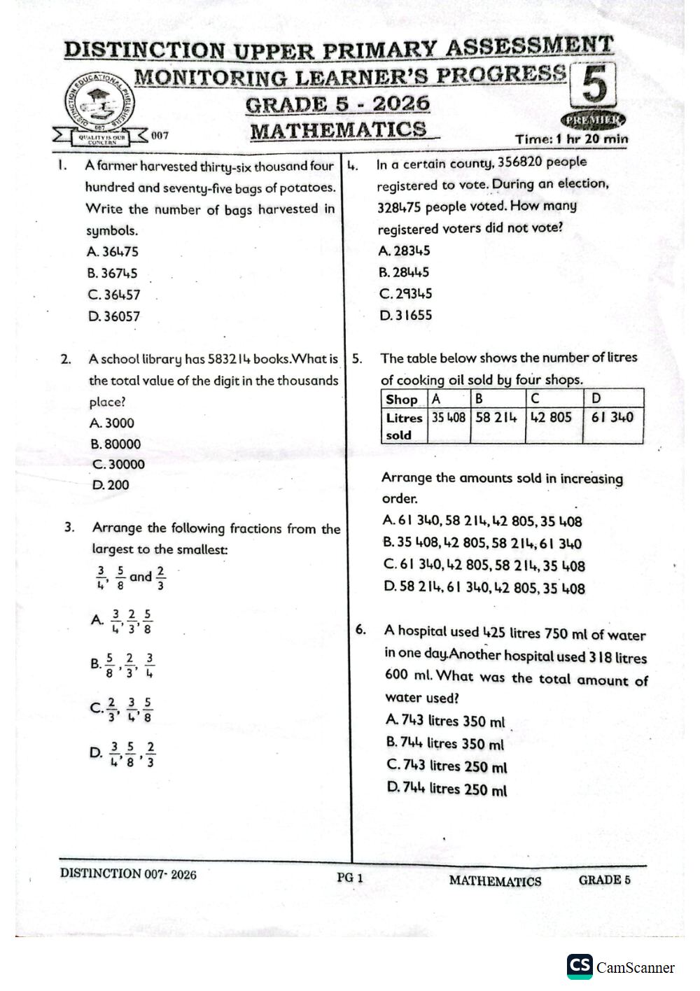 Thumbnail preview of Grade 5 Mid Term 3 2026 Assessment 4 Mathematics