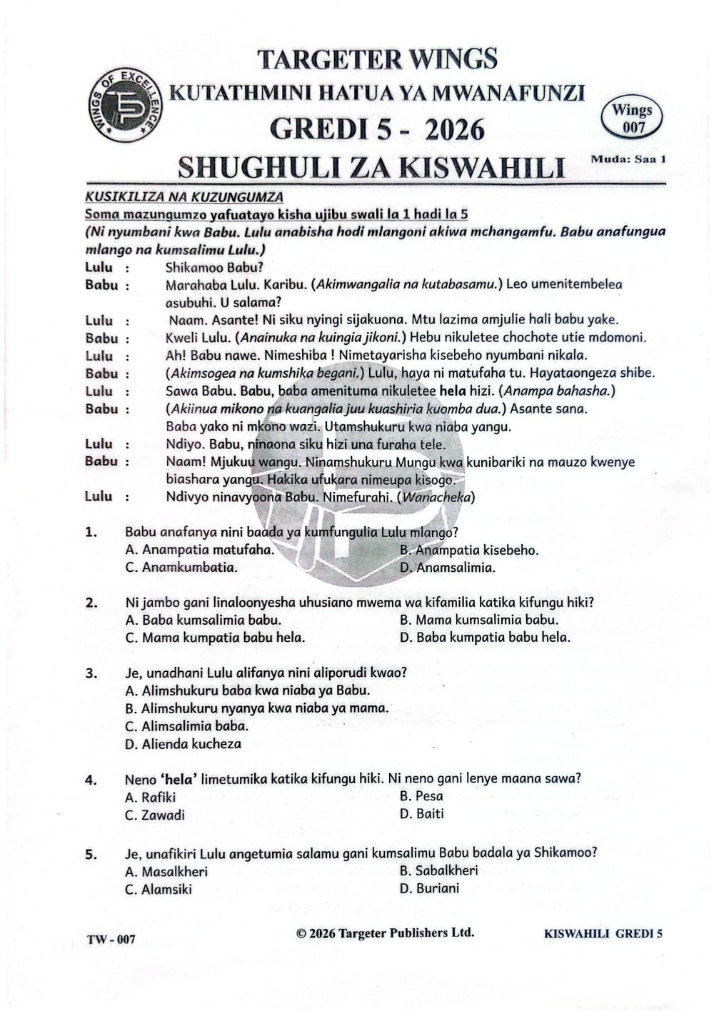 Thumbnail preview of Grade 5 Mid Term 3 2026 Assessment Kiswahili