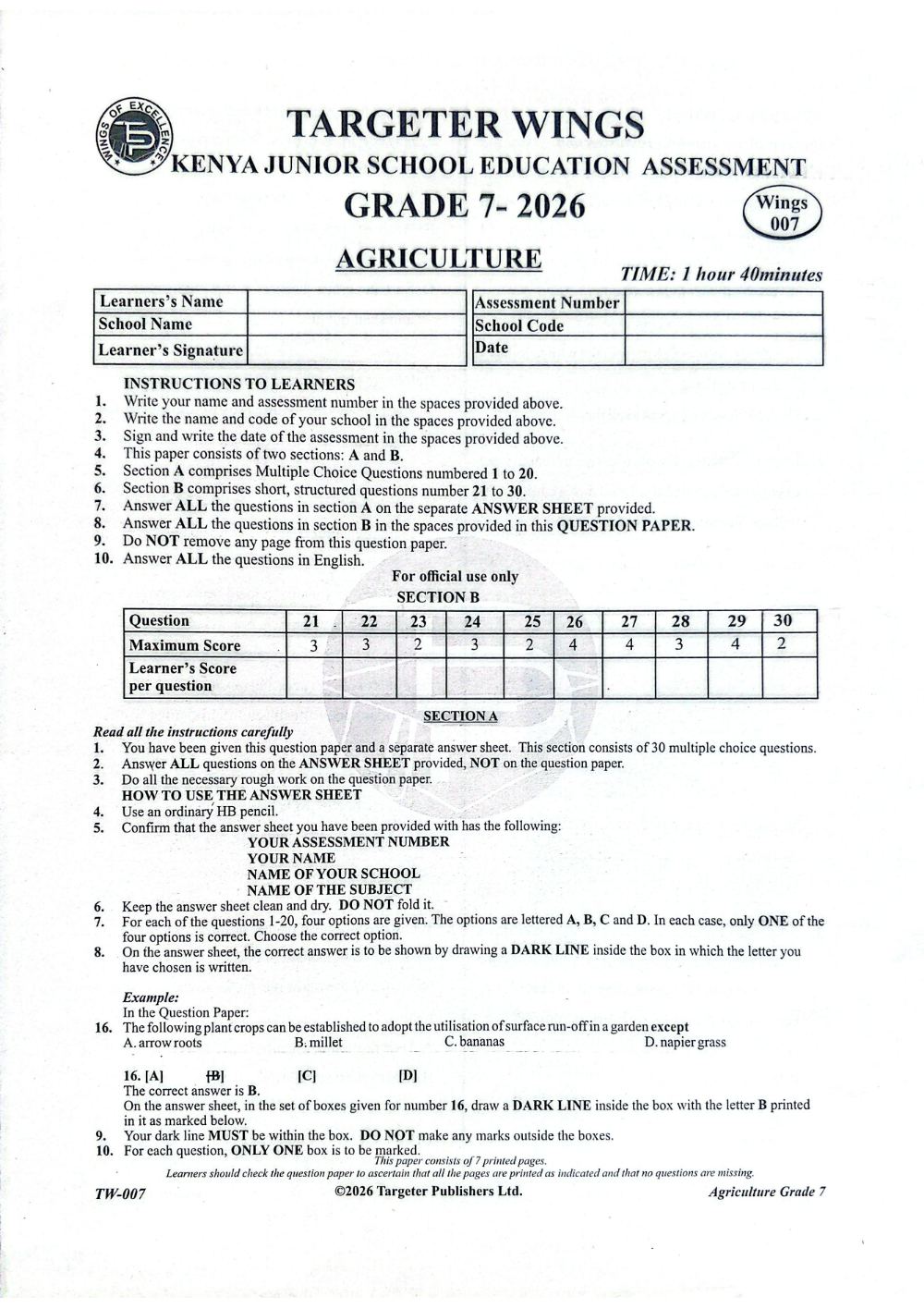 Thumbnail preview of Grade 7 Agriculture Mid Term 3 2026 Assessment 3