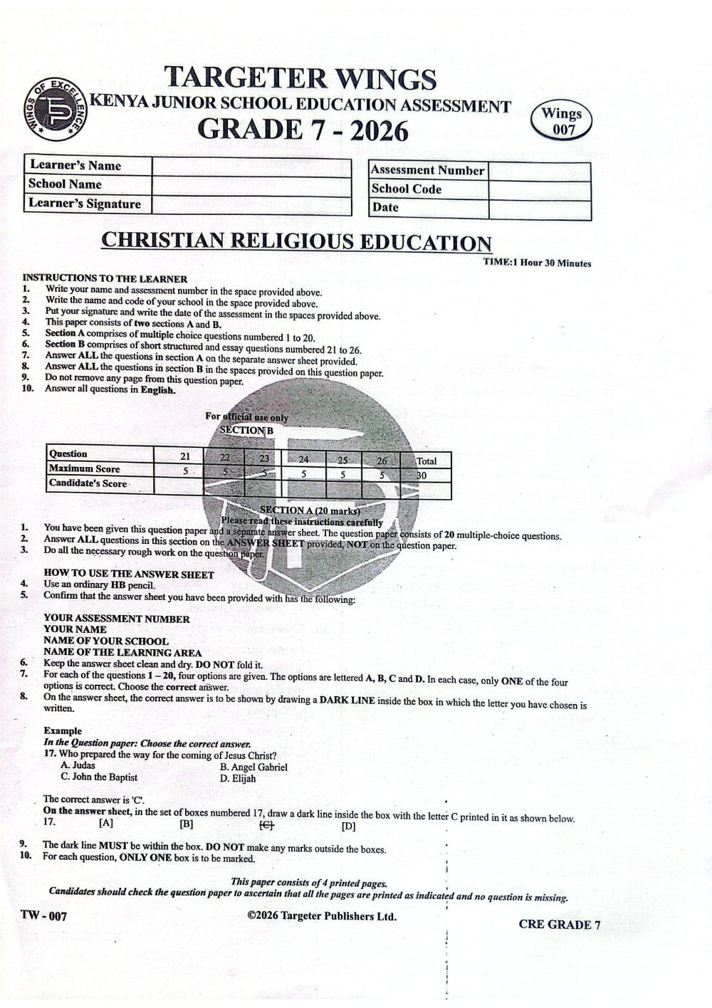 Thumbnail preview of Grade 7 CRE Mid Term 3 2026 Assessment 3