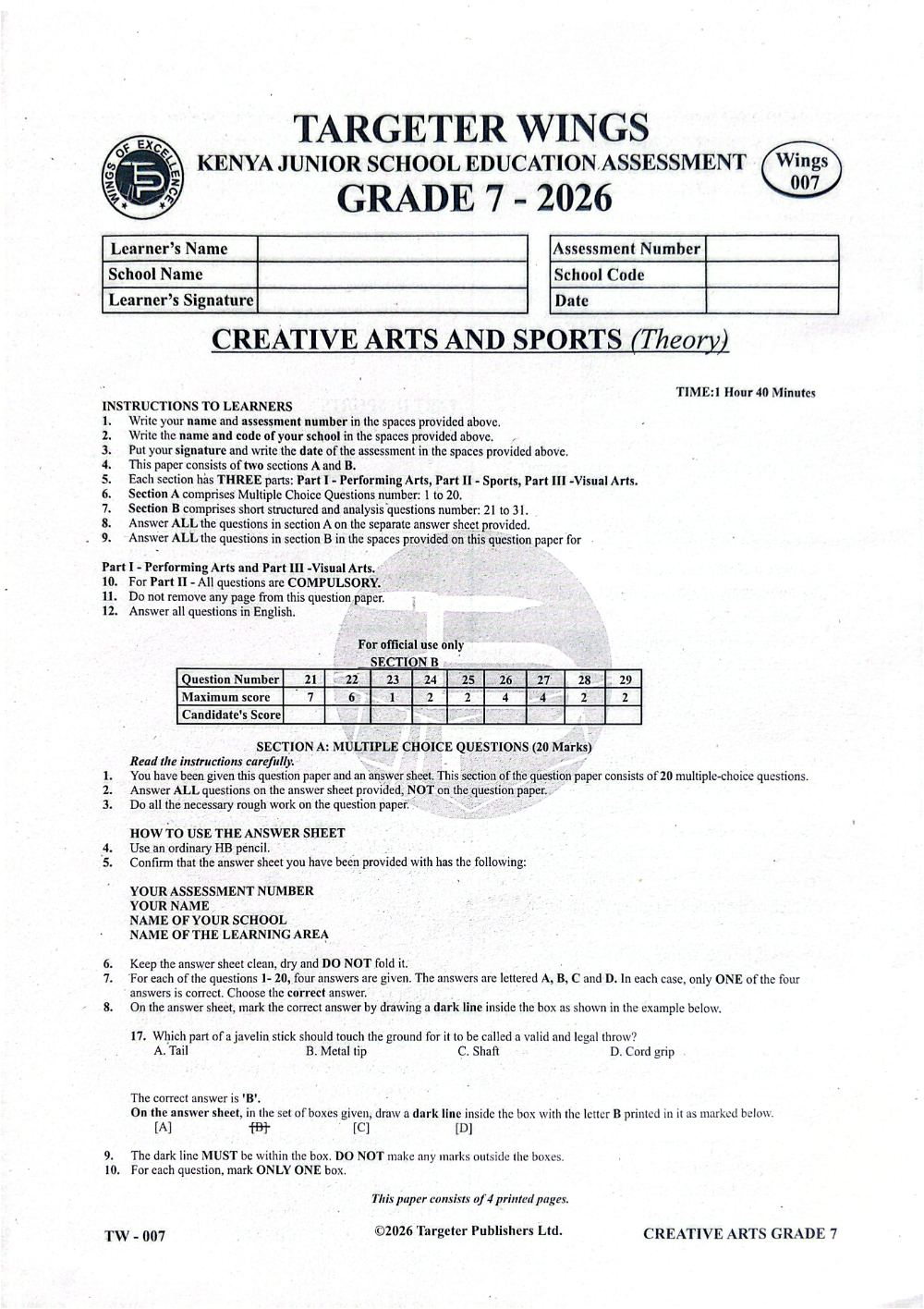 Thumbnail preview of Grade 7 Creative Arts And Sports Mid Term 3 2026 Assessment 3