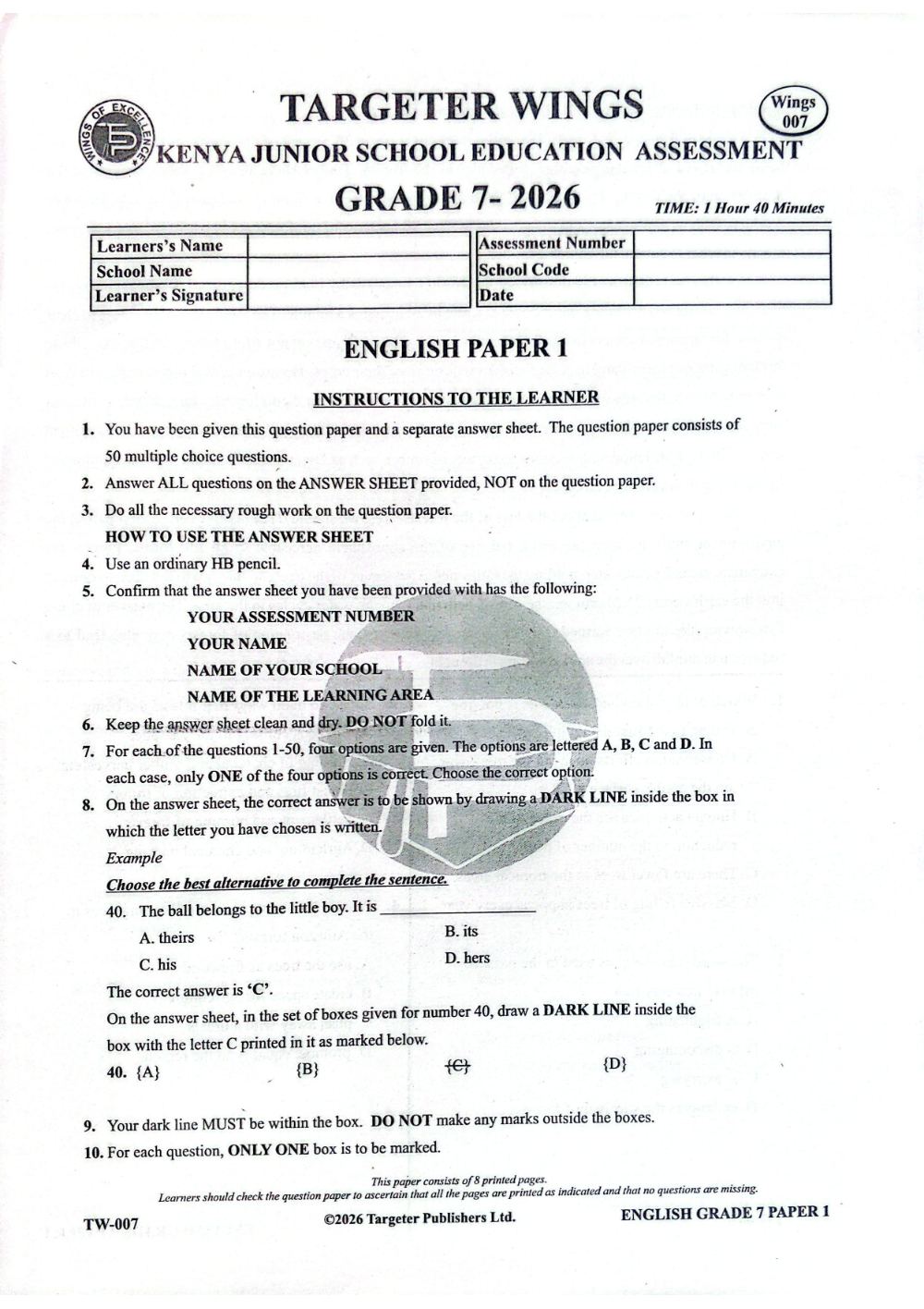 Thumbnail preview of Grade 7 English Paper 1 & 2 Mid Term 3 2026 Assessment 3