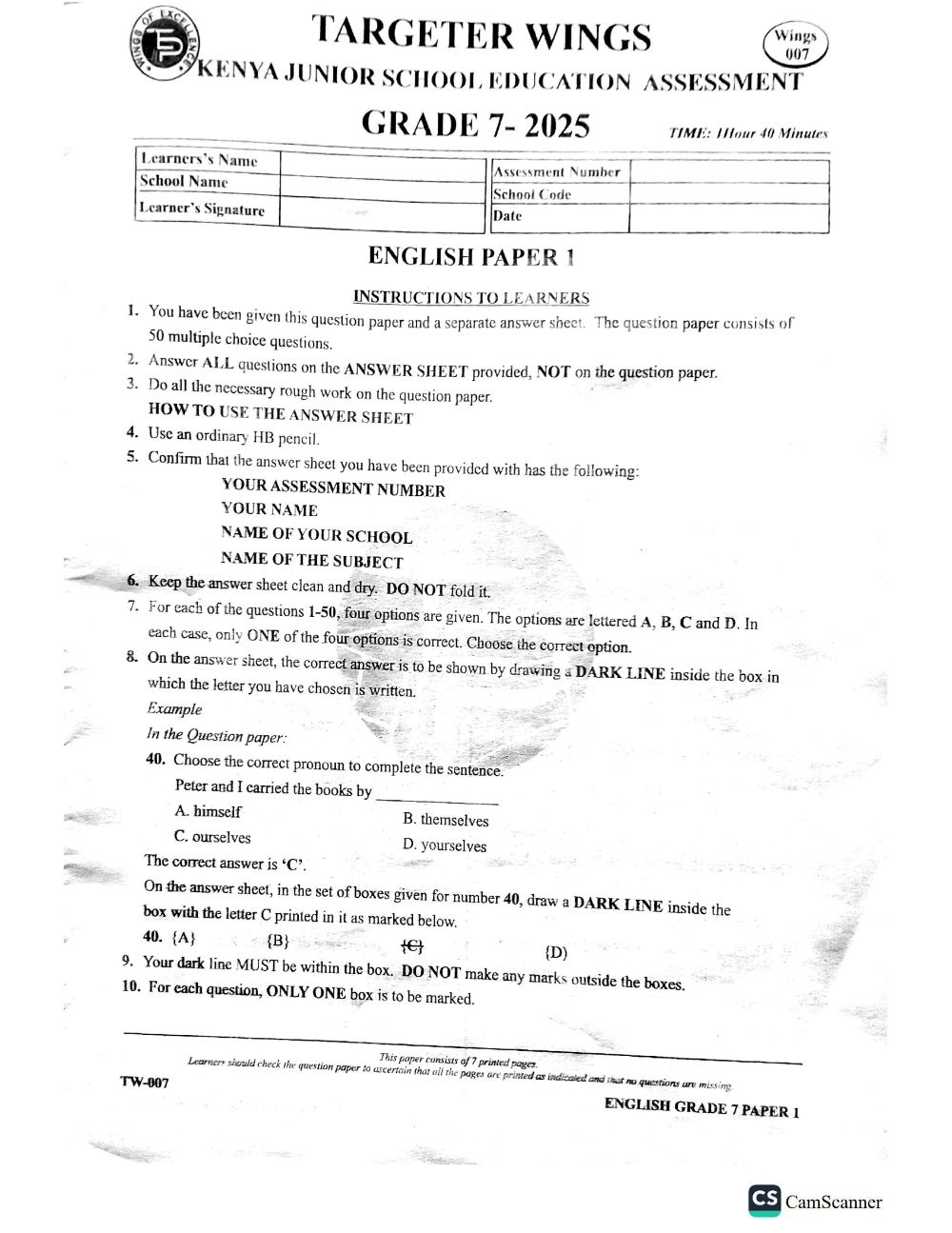 Thumbnail preview of Grade 7 English Paper 1 Mid Term 3 2026 Assessment 3