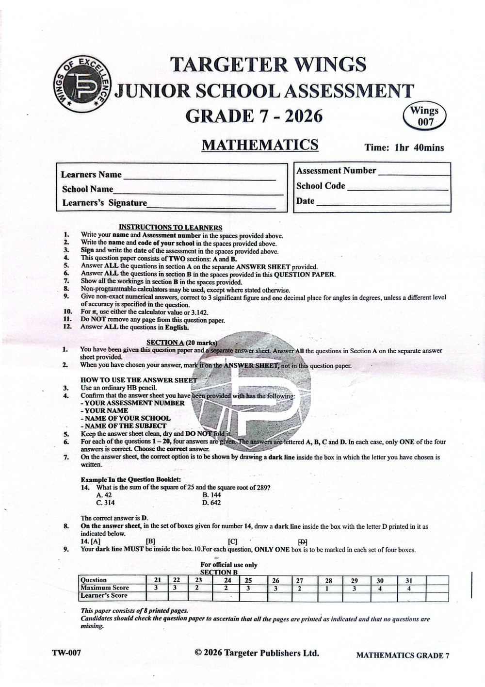 Thumbnail preview of Grade 7 Mathematics Mid Term 3 2026 Assessment 3