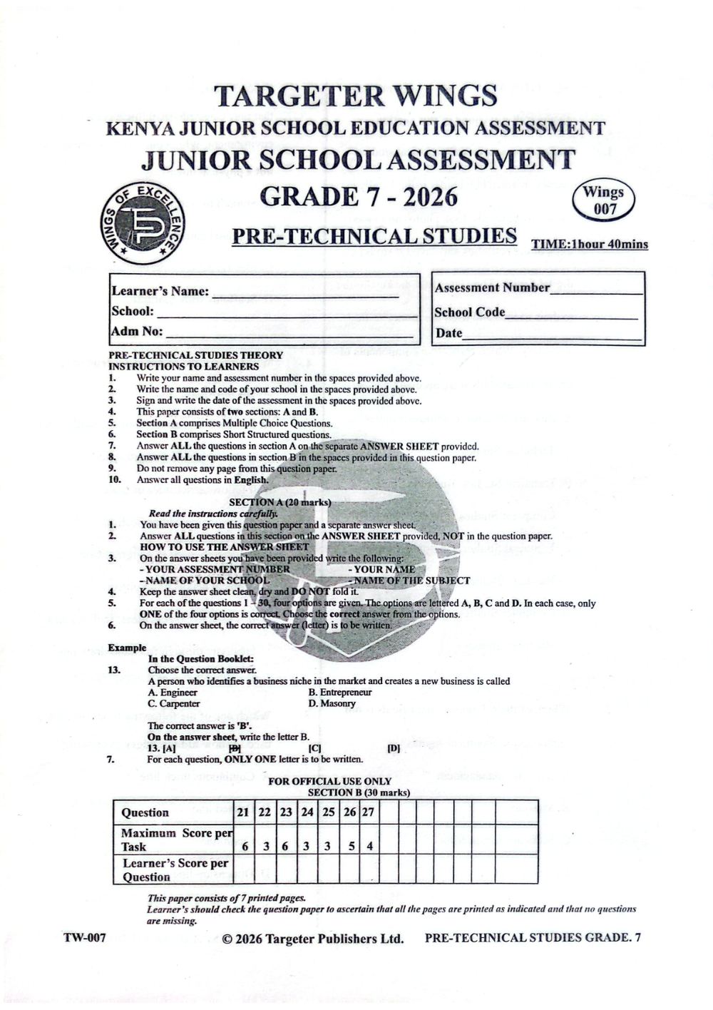 Thumbnail preview of Grade 7 Pretech Mid Term 3 2026 Assessment 3