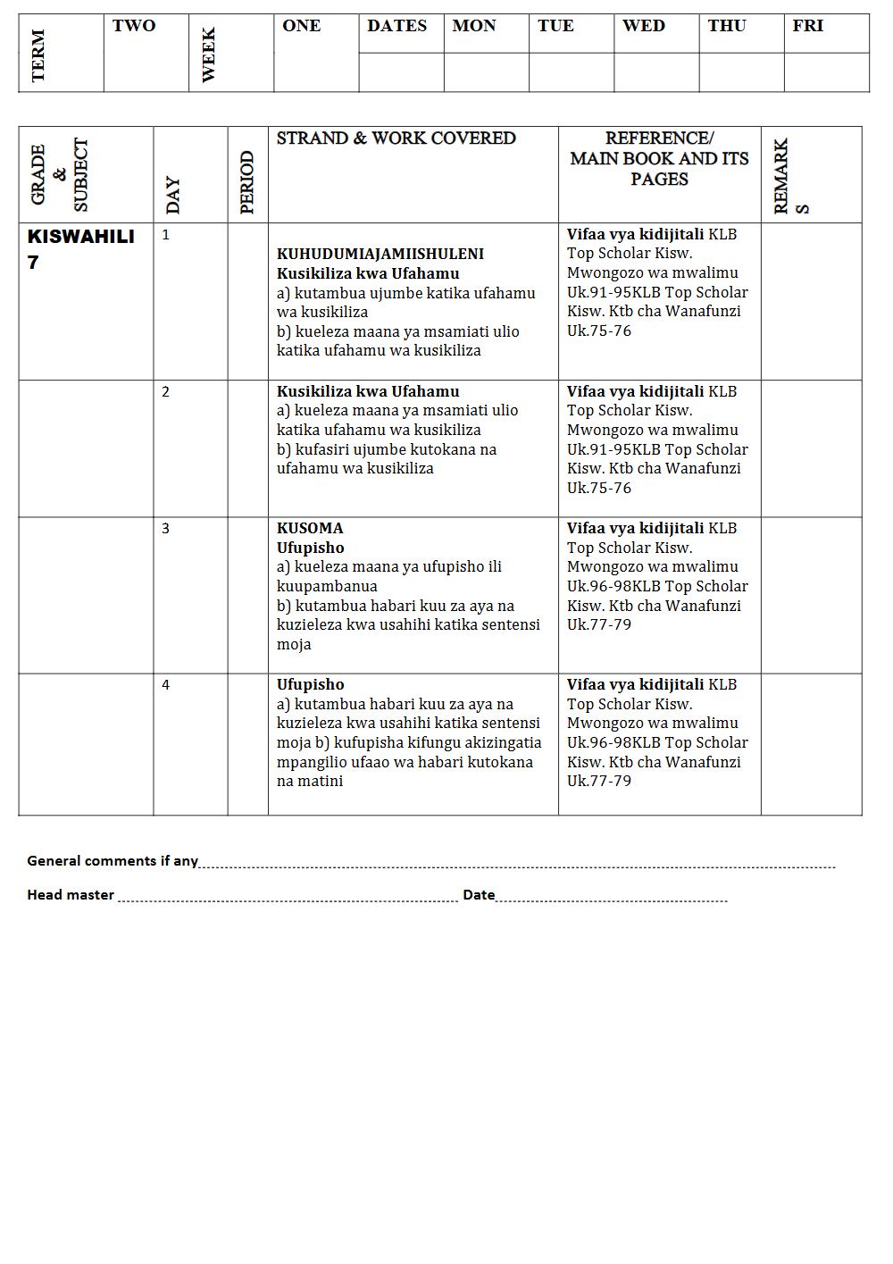 Thumbnail preview of Grade 7 Term 2 Kiswahili Records Of Work