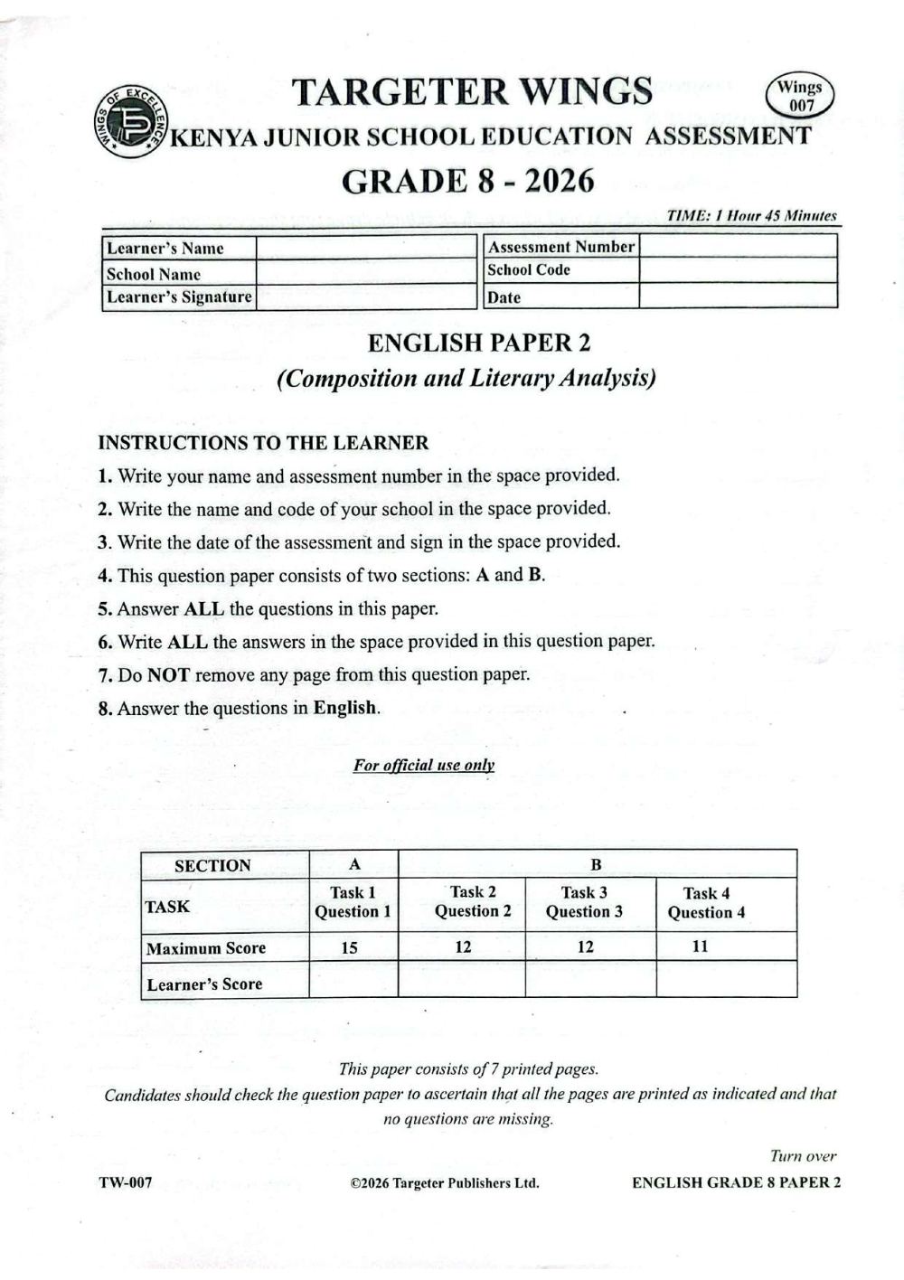 Thumbnail preview of Grade 8 Combined Mid Term 3 2026 Assessment With Marking Scheme Set 3