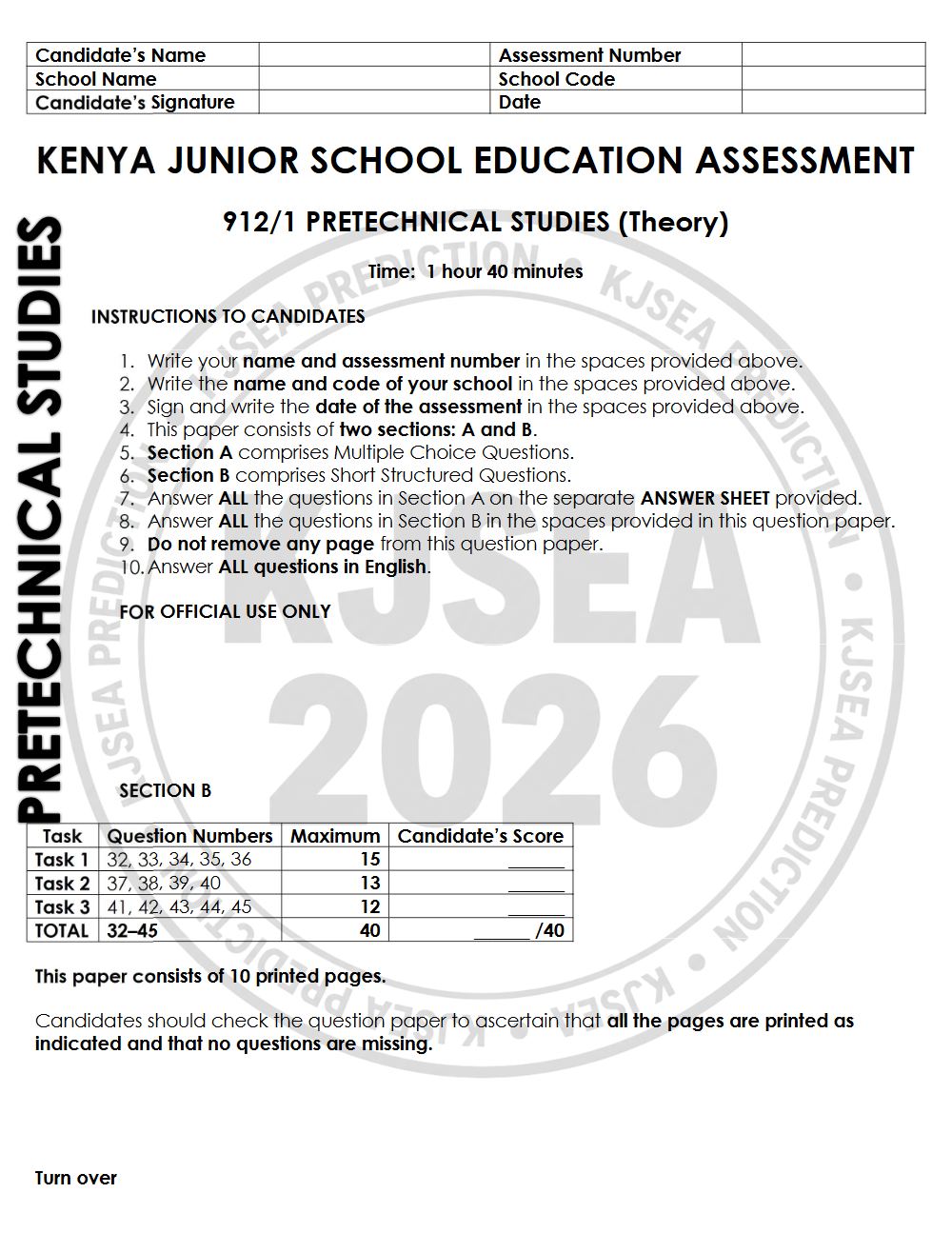 Thumbnail preview of Grade 9 2026 KJSEA Prediction Pretechnical Studies Paper 1