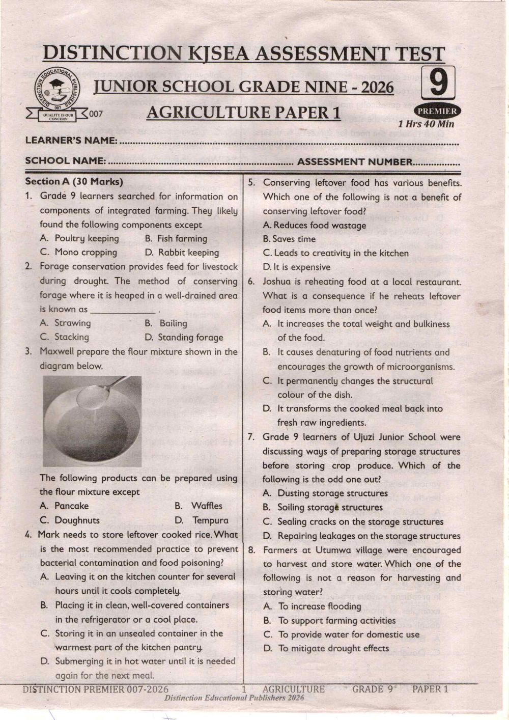 Preview of Grade 9 KJSEA Prediction Agriculture Term 3 End-Term Paper 1 Exam 2026
