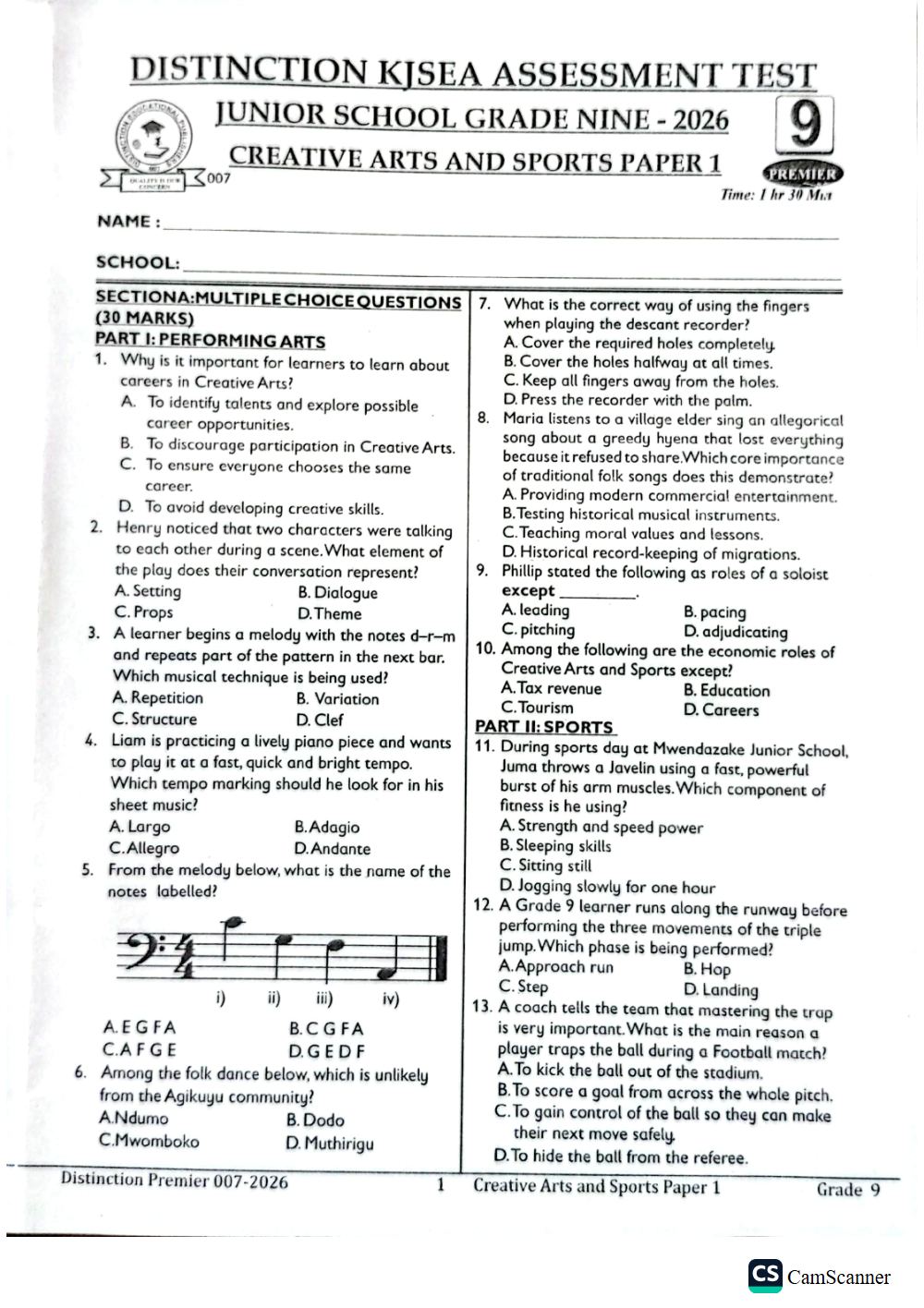 Preview of Grade 9 KJSEA Prediction Creative Arts & Music Term 3 End-Term Paper 1 Exam 2026