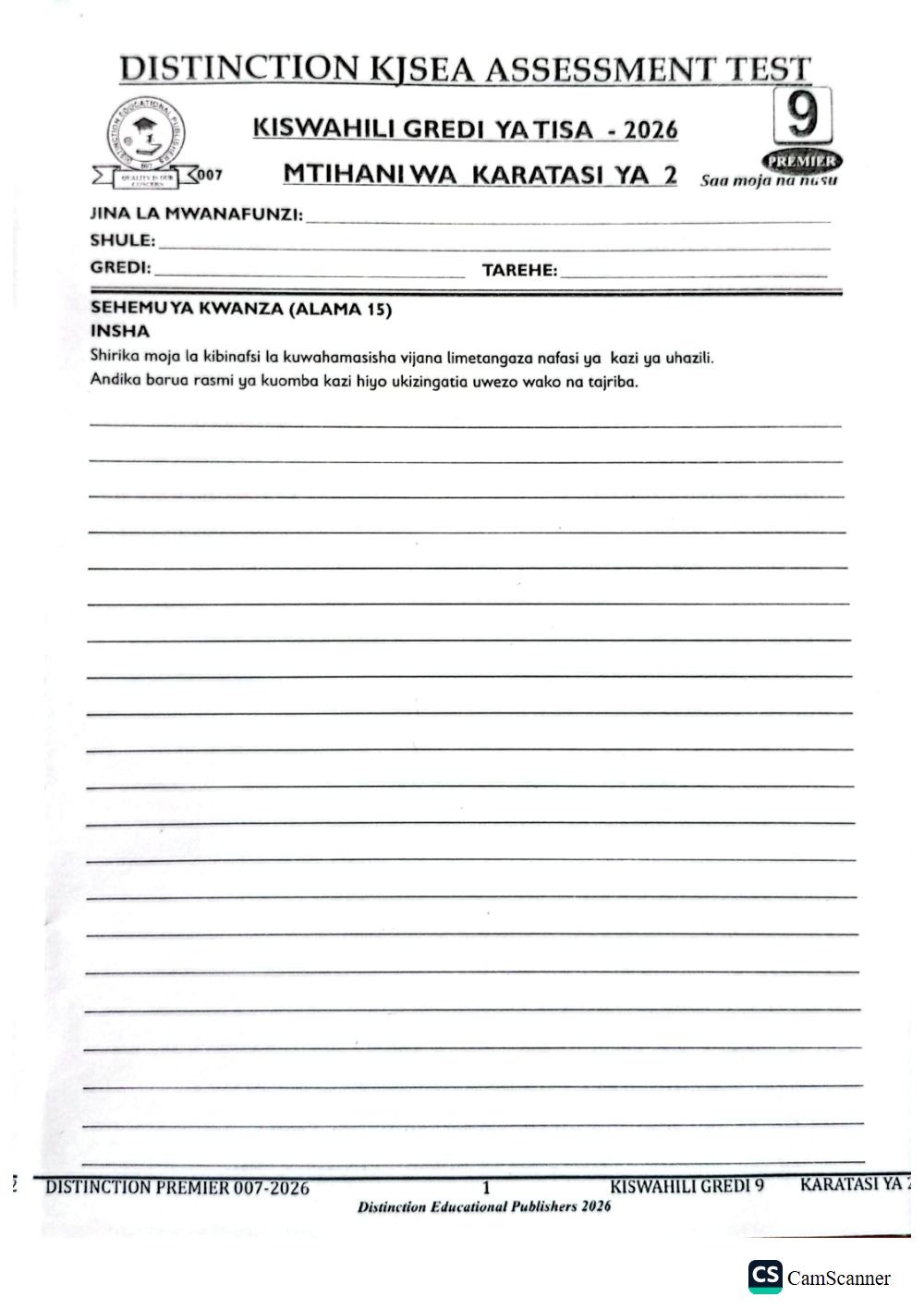 Preview of Grade 9 KJSEA Prediction Kiswahili Term 3 End-Term Paper 2 Exam 2026