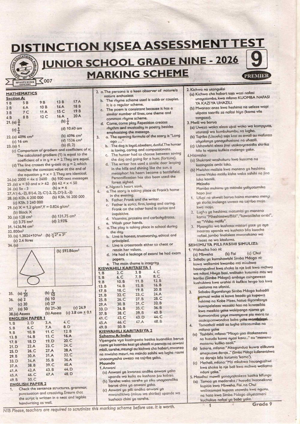 Preview of Grade 9 KJSEA Prediction Marking Scheme Term 3 End-Term 2026