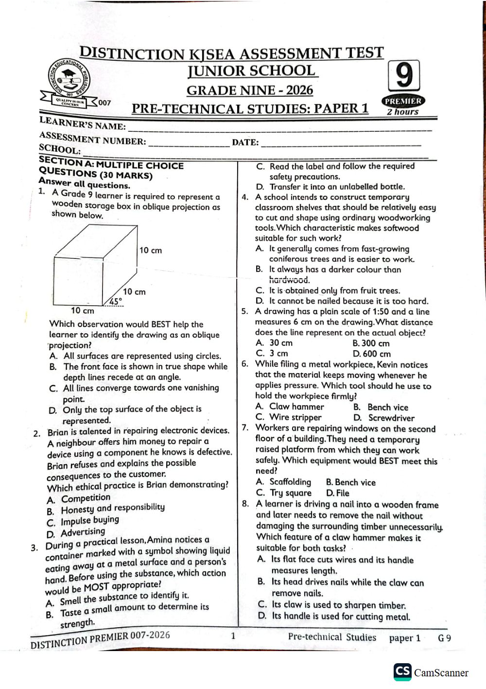 Preview of Grade 9 KJSEA Prediction Pretech Term 3 End-Term Paper 1 Exam 2026