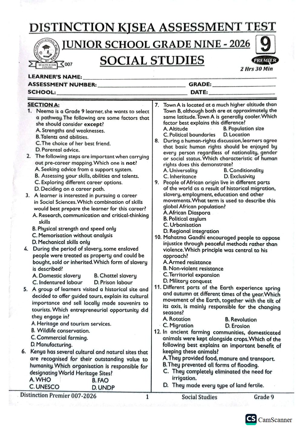 Preview of Grade 9 KJSEA Prediction Social Studies Term 3 End-Term Exam 2026