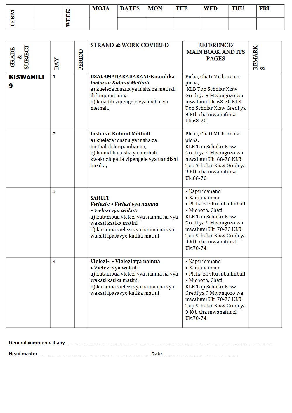 Thumbnail preview of Grade 9 Term 2 Kiswahili Records Of Work